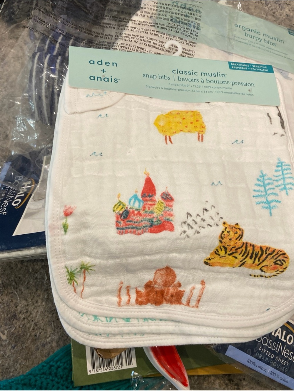 NEW aden + anais Classic Muslin Snap Bibs 3-Pack Around the World pattern baby